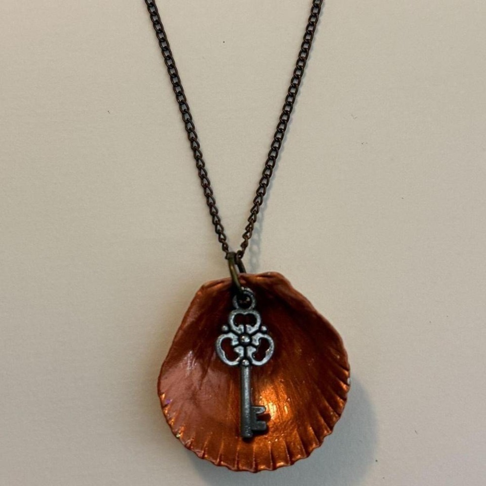 Handmade art Seashell Key Pendant on bronze tone 19" chain necklace